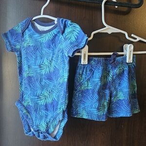 Blue and Green Leaf Print Baby Onesie and Shorts Set